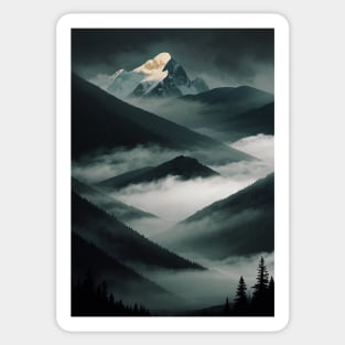 Mountainous Gray Scale Valley With Mist Sticker